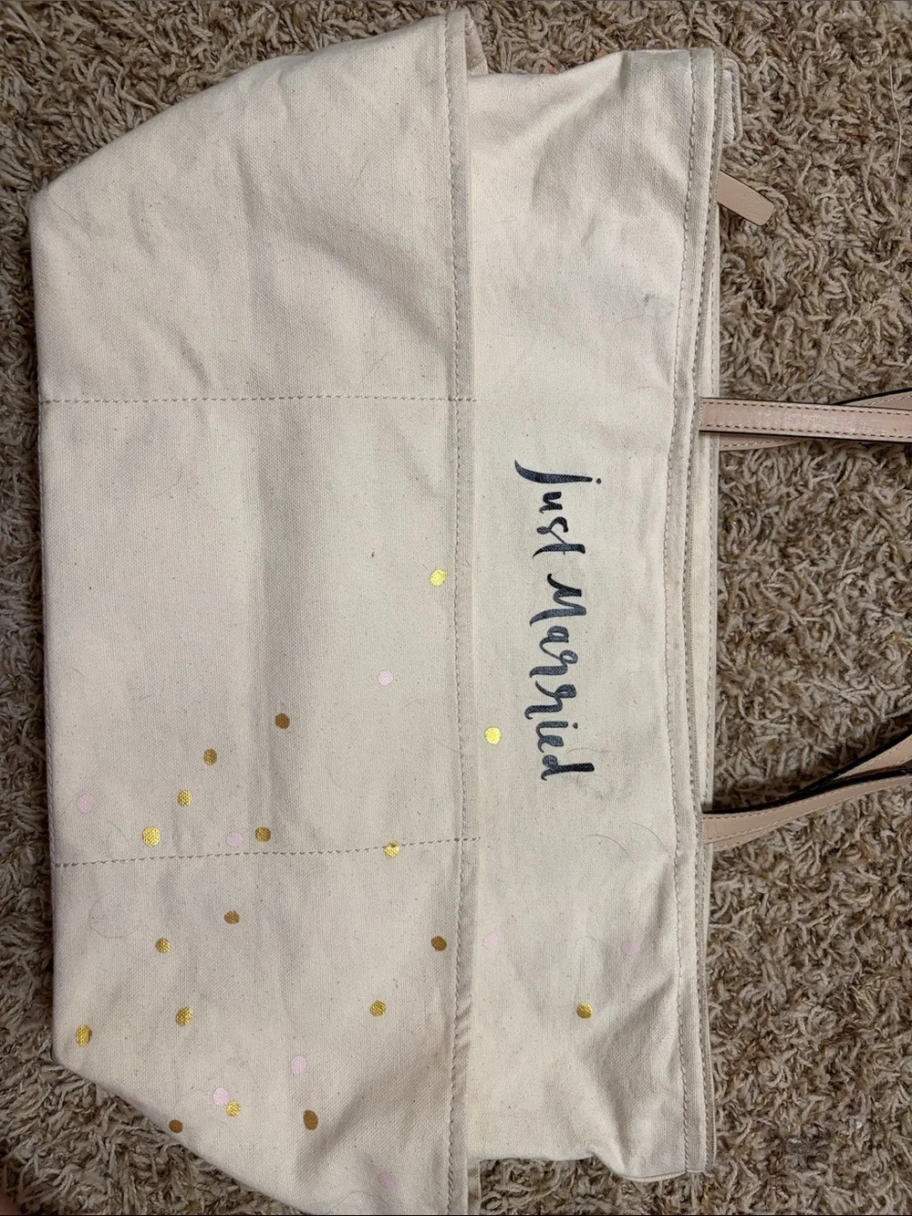 Kate Spade ‘Cheers Darling’ Tote Beige Canvas Tote with Confetti and Bow Detail